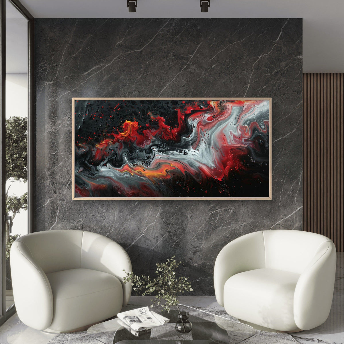 Red Black Swirling Chaos Wall Art Canvas Office Home Room Framed 80x45cm