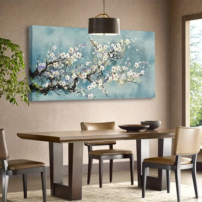 Pink White Plum Blossom Flowers Botanic Wall Art canvas office home room framed 80x45cm