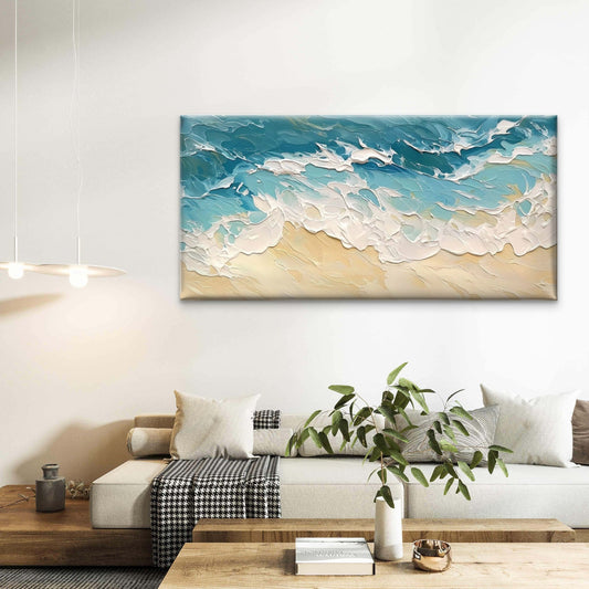 Abstract Ocean Waves On Beach Wall Art Canvas Office Home Room Framed 80x45cm