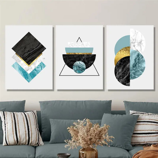 3pcs Geometric Mosaic Marble Texture Painting Metal Print Ready to Hang Art