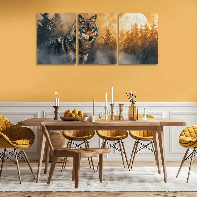 3pcs Piercing Yellow Eyes, Misty Forest & Moonlit Sky Design Metal Print Ready to Hang Art