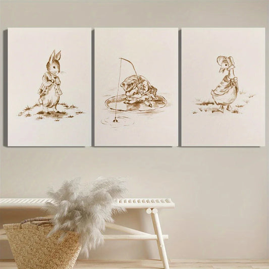 3pcs Rabbit, Duck, Frog Art Painting, Animal Metal Print Ready to Hang Art