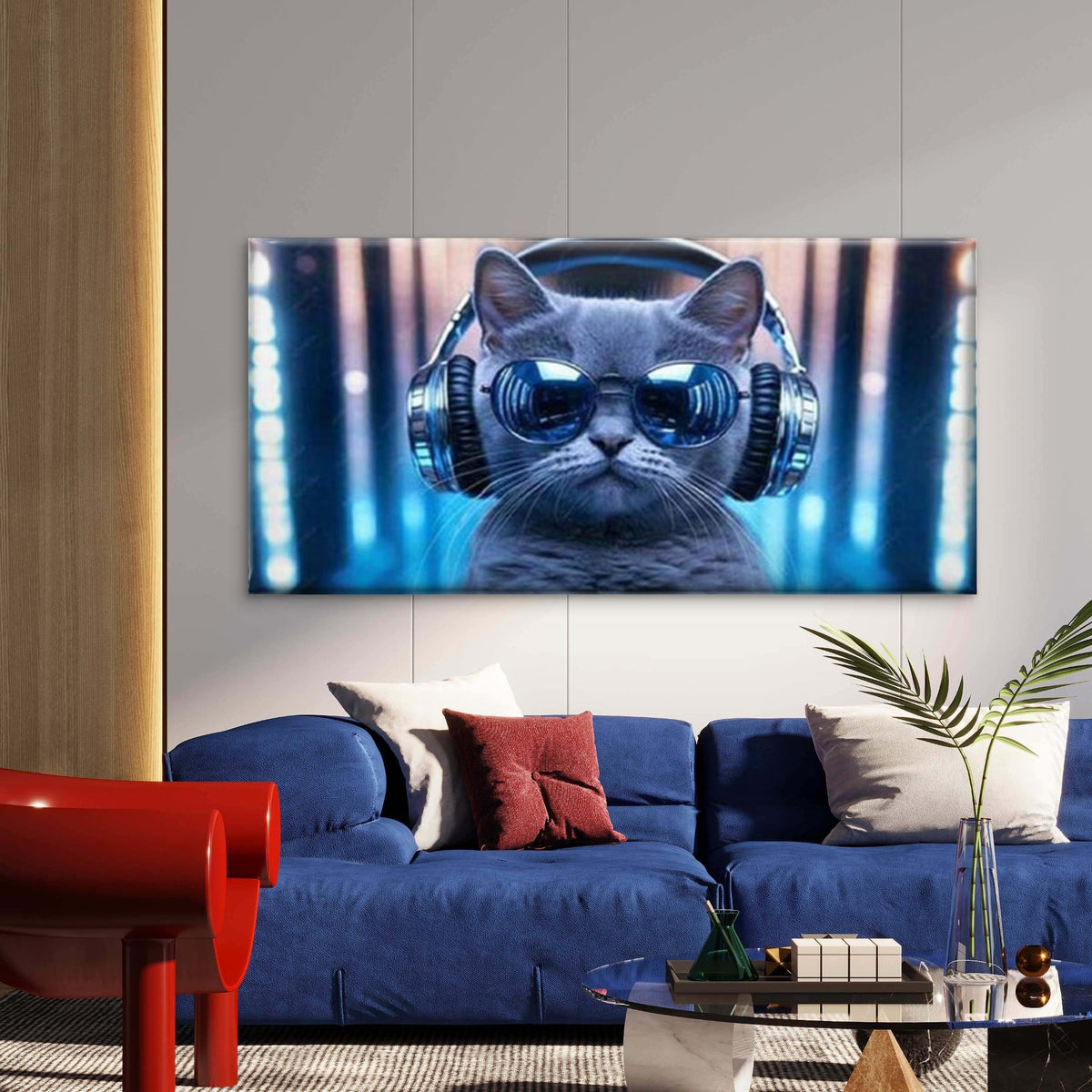 Cat with Headphones Wall Art Canvas Office Home Room Framed 120x60cm