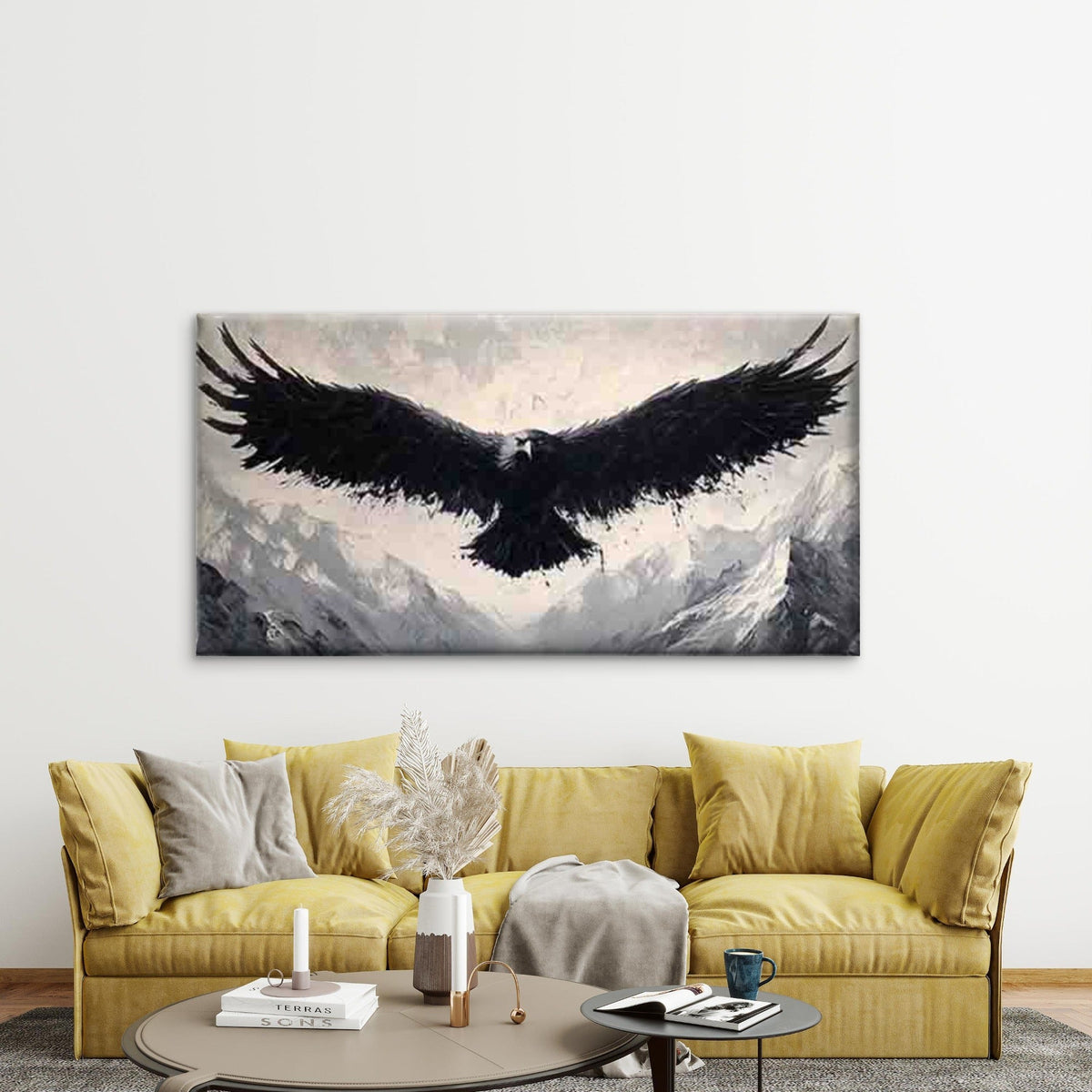 Soaring Eagle Black Ink Tones Wall Art Canvas Office Home Room Framed 80x45cm