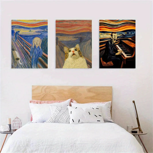 3pcs Man Screaming Holding His Head, Frightened Cat Metal Print Ready to Hang Art