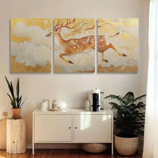 3pcs Deer The Auspicious Deer in Dunhuang Metal Print Ready to Hang Art