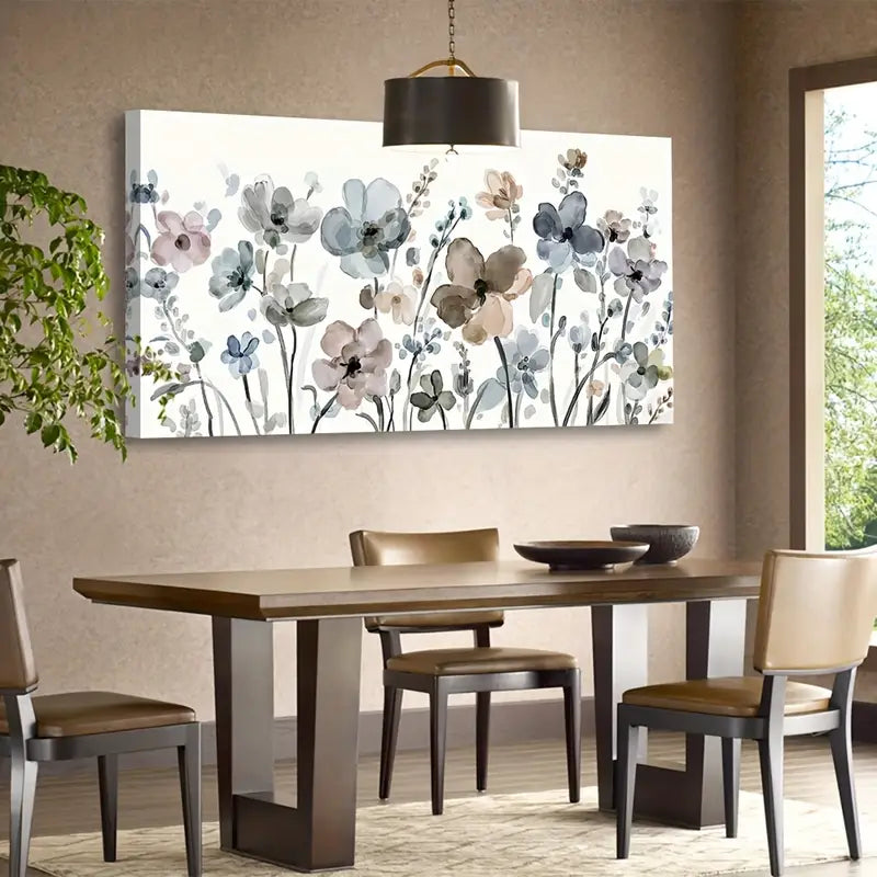 Navy Taupe Flowers Abstract Botanical Wall Art canvas office home room framed 80x45cm