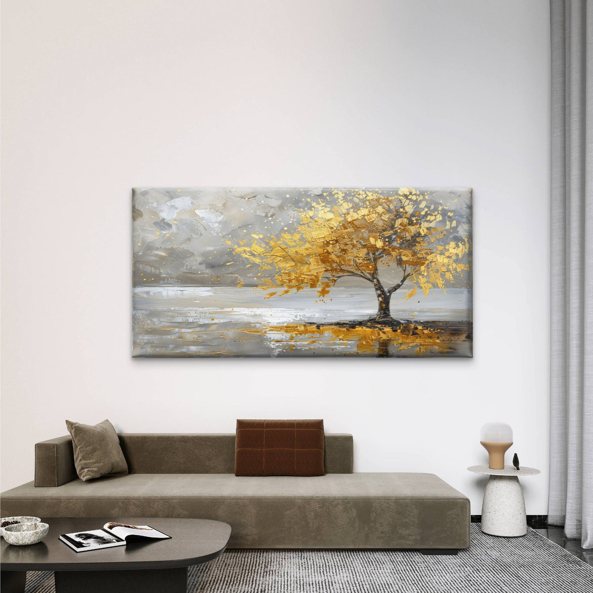 Gold Leaf Tree Horizon Wall Art Canvas Office Home Room Framed 80x45cm