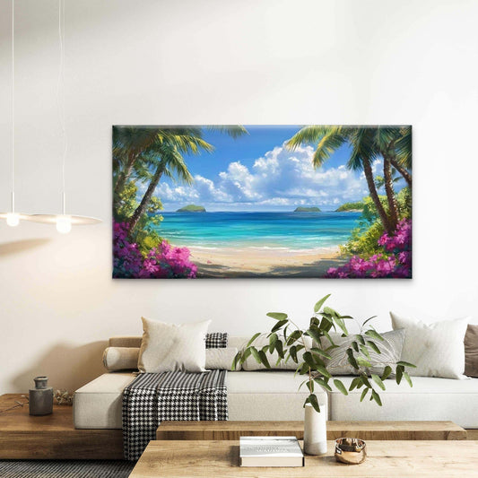 Tropical Paradise Beach Scene Wall Art Canvas Office Home Room Framed 80x45cm