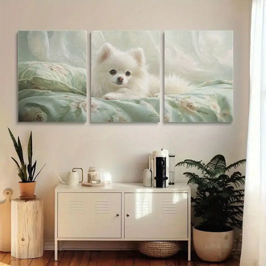 3pcs Cute White Pomeranian Puppy Floral Bedding Metal Print Ready to Hang Art