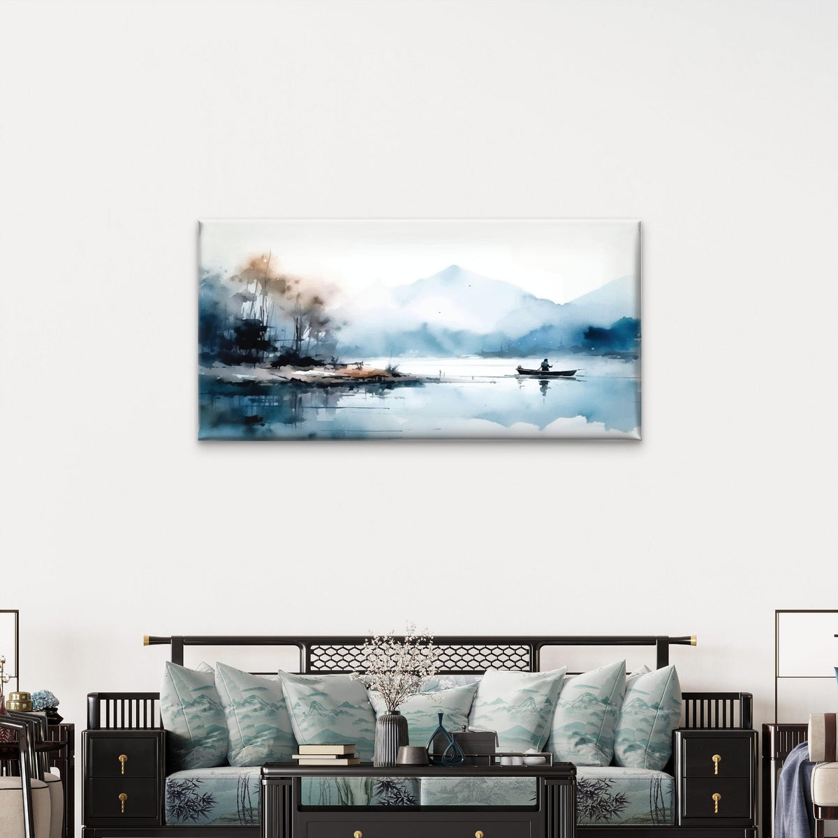 Blue Watercolor Lake Fishing Wall Art Canvas Office Home Room Framed 120x60cm