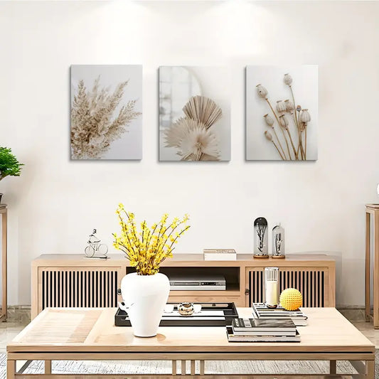3pcs Cattail Reed & Dried Leaf Pattern Beige Metal Print Ready to Hang Art