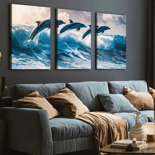 3pcs Modern Style Ocean Wave Dolphin Animal Landscape Art Wall Art Set Canvas Framed 40x60cm - High Quality Print 100% Australian Made Wall Canvas Ready to Hang