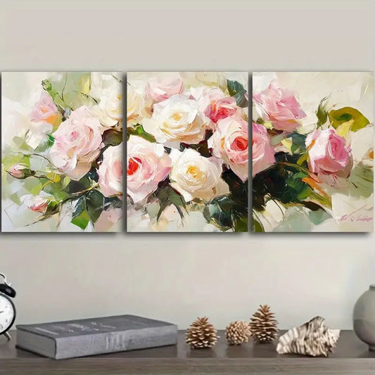 3pcs Rose Oil Painting Metal Print Ready to Hang Art