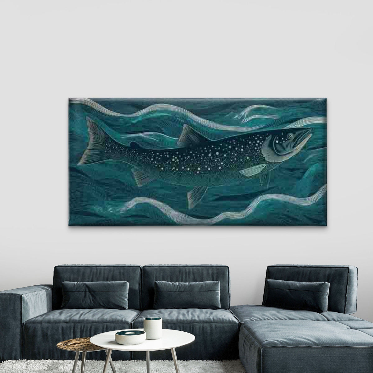 Abstract Fish Ocean Waves Wall Art Canvas Office Home Room Framed 120x60cm