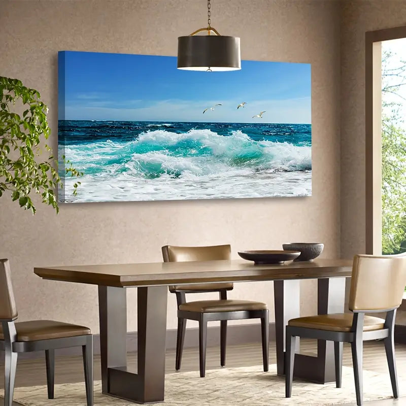 Sea Beach Ocean Waves Blue Surfing Water Seagull Wall Art canvas office home room framed 80x45cm