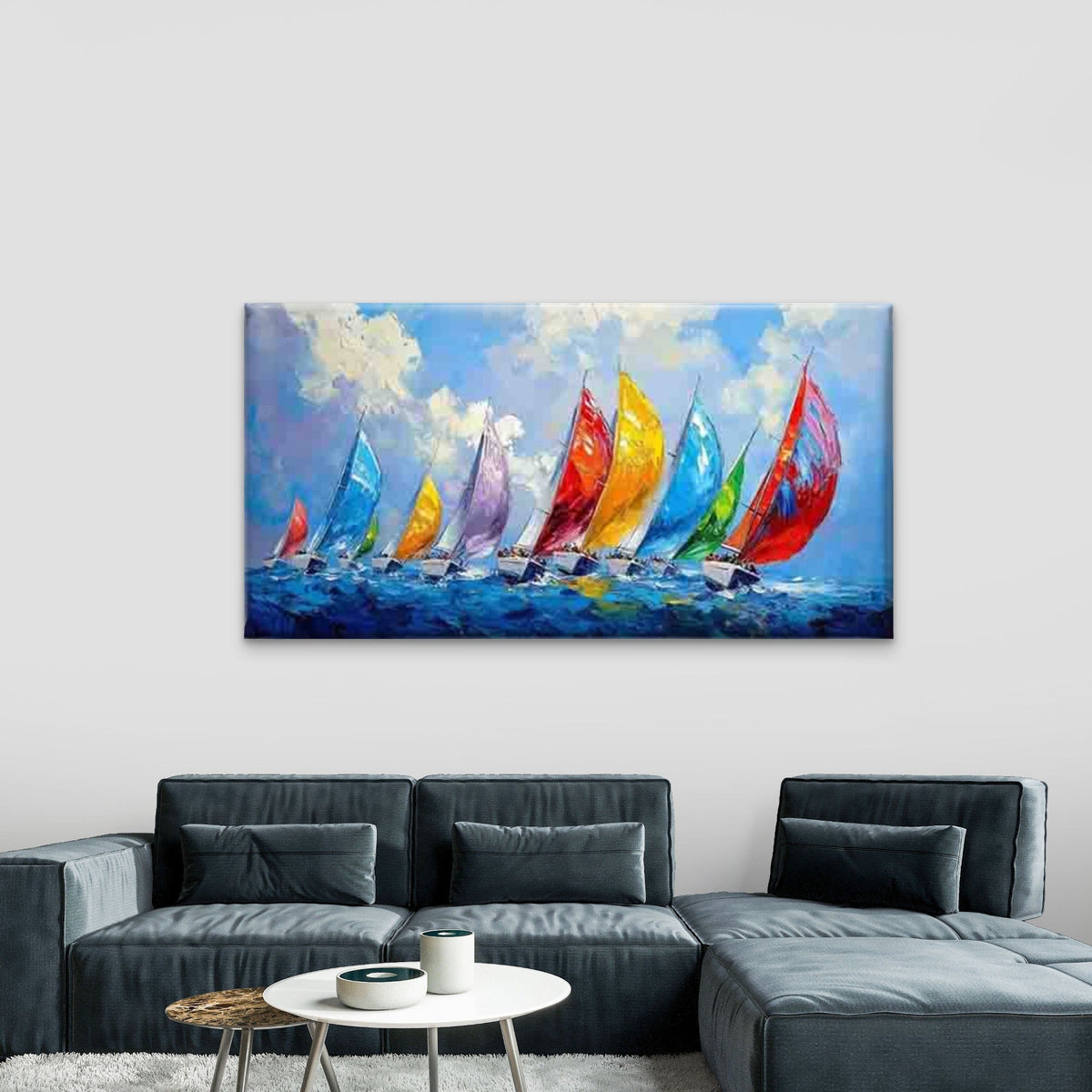 Sailboats Racing on The Ocean Wall Art Canvas Office Home Room Framed 80x45cm