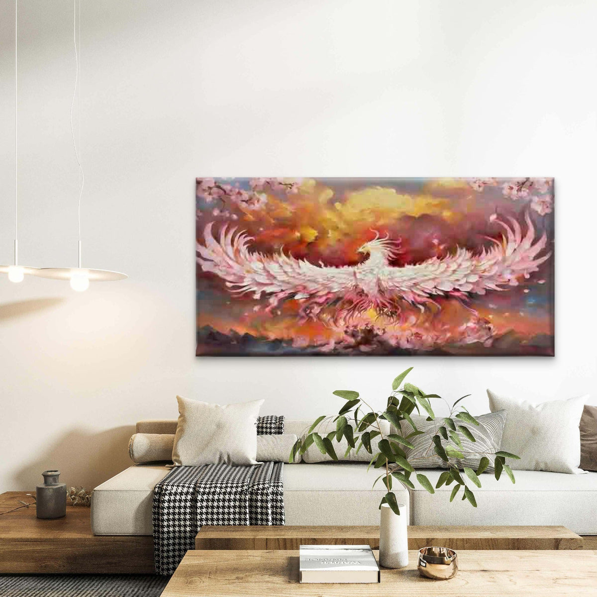 Flaming Phoenix with Sakura Wall Art Canvas Office Home Room Framed 80x45cm