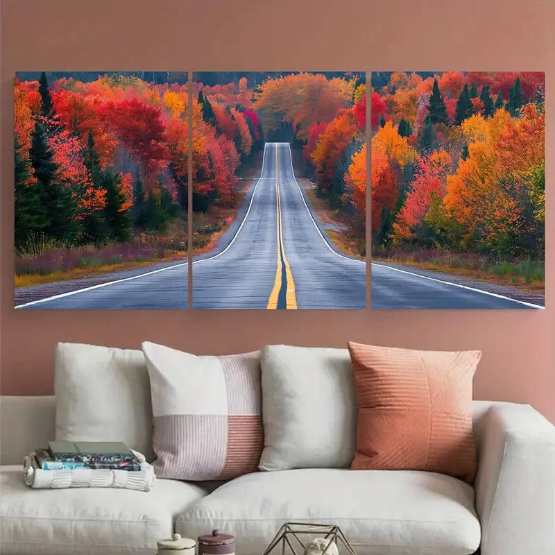 3pcs Country Road Golden Autumn Foliage Metal Print Ready to Hang Art