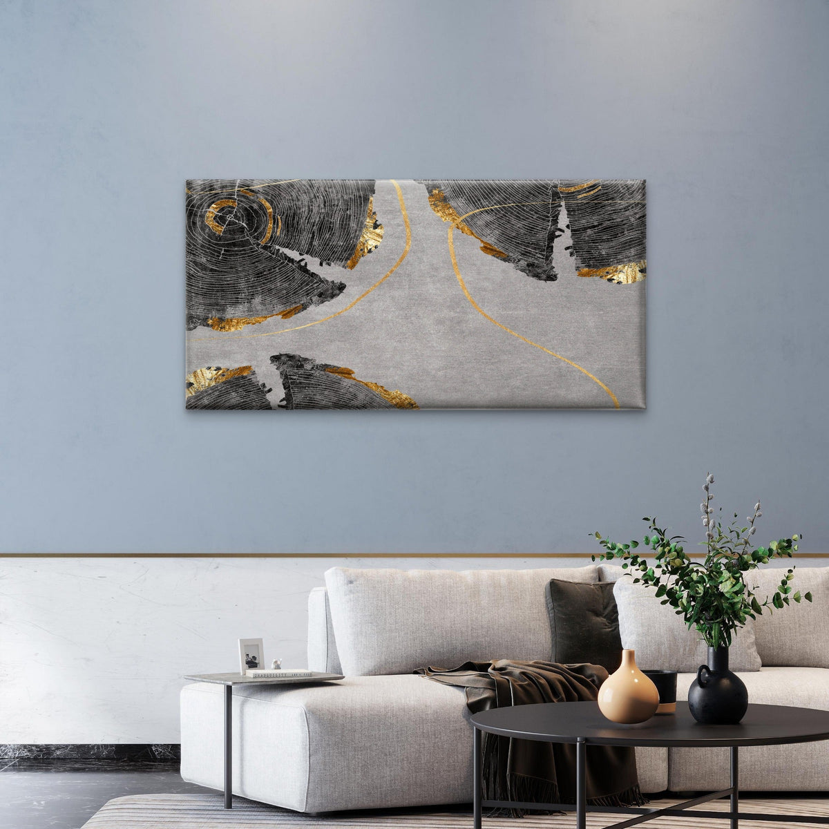 Abstract Grey And Gold Tree Rings Wood Grain Wall Art Canvas Office Home Room Framed 120x60cm