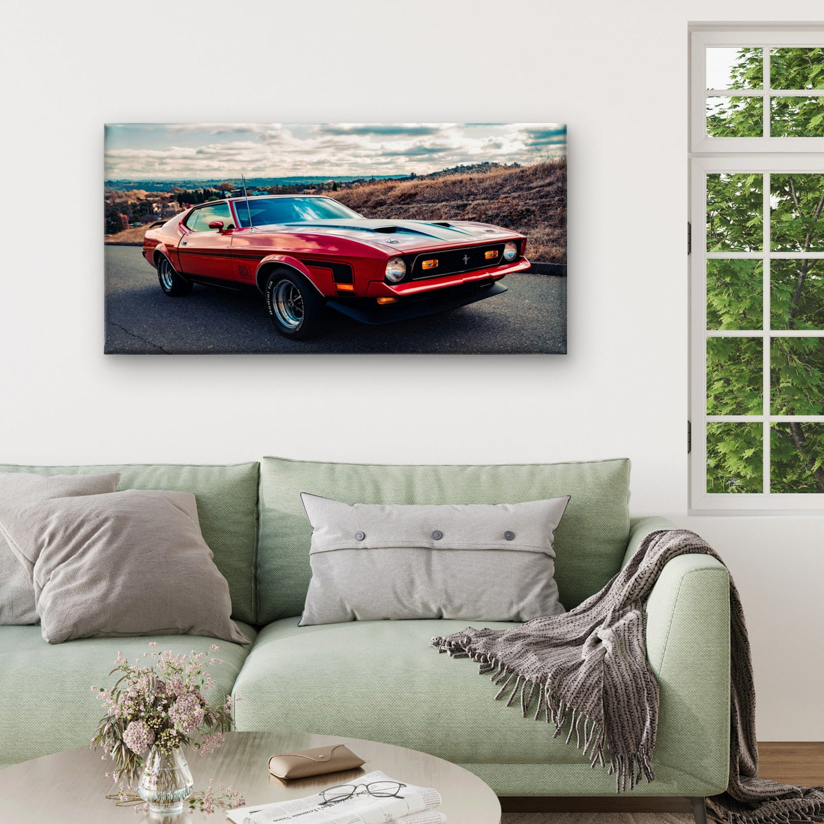 Red Ford Mustang Mach 1 Car Wall Art Canvas Office Home Room Framed 120x60cm