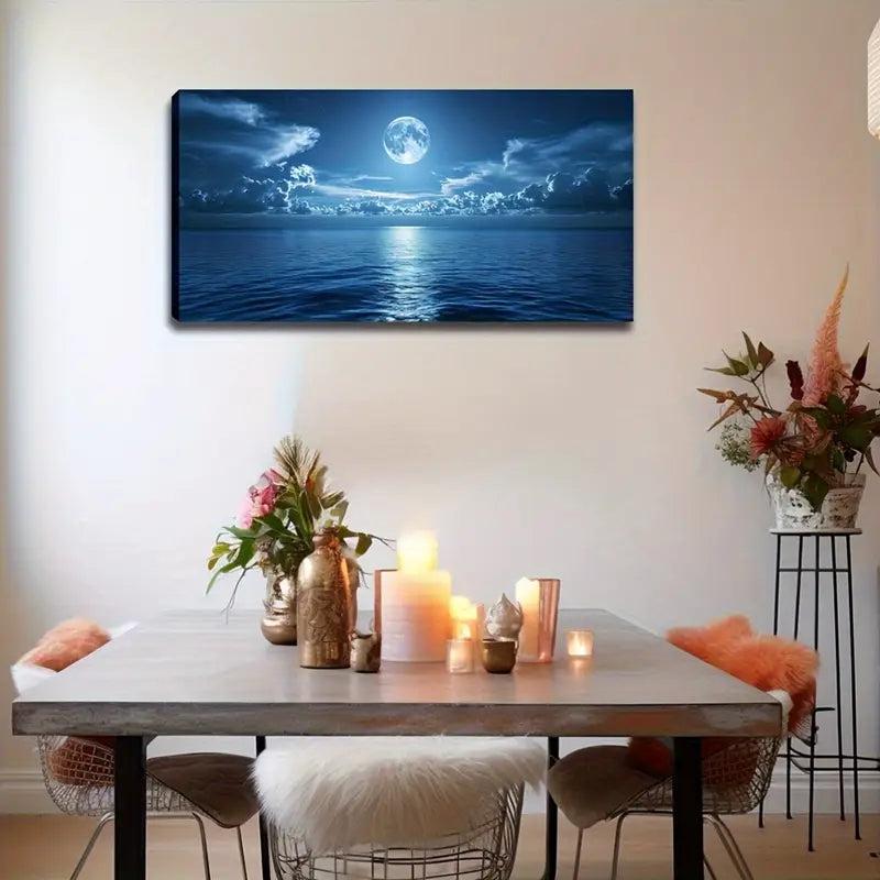Full Moon Over Vintage Ocean Wall Art Canvas Office Home Room Framed 120x60cm