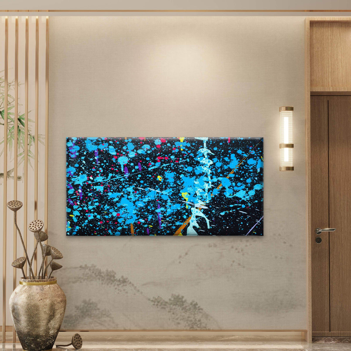 Blue Paint Splash Background Wall Art Canvas Office Home Room Framed 80x45cm