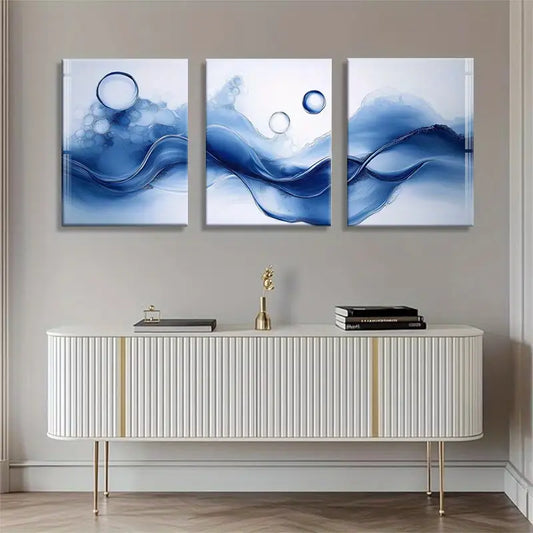 3pcs Vibrant Blue & White Fluid Design with Bubbles Metal Print Ready to Hang Art