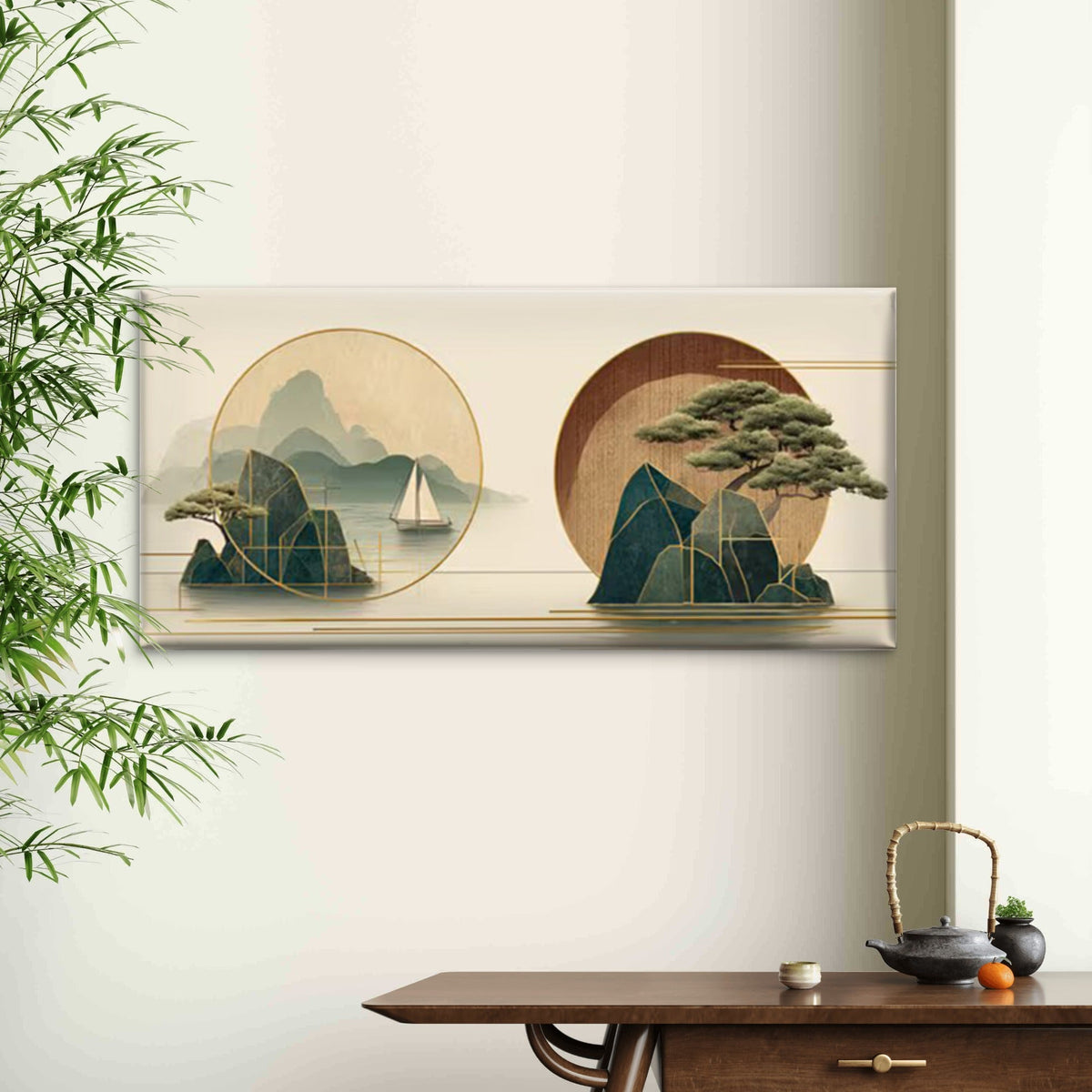 Oriental StyleMinimalist Japanese-Inspired Landscape Wall Art Canvas Office Home Room Framed 80x45cm