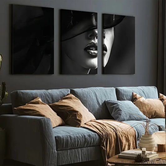 3pcs Modern Monochrome Fashion Female Art Wall Art Set Canvas Framed 40x60cm - High Quality Print 100% Australian Made Wall Canvas Ready to Hang