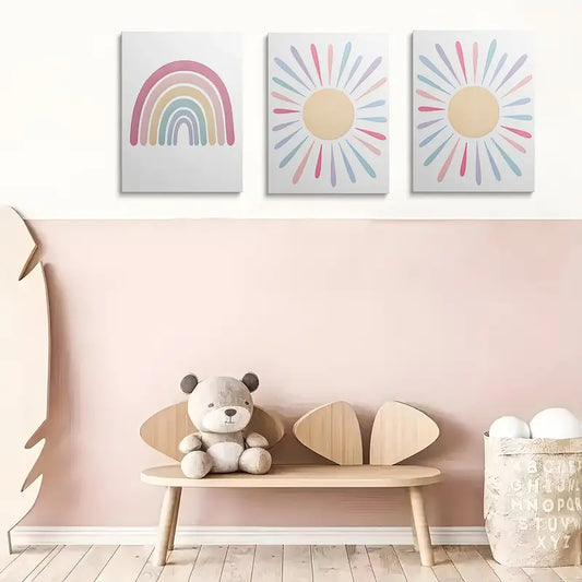 3pcs Colorful Bohemian Pink Rainbow Sun Painting Pattern Metal Print Ready to Hang Art