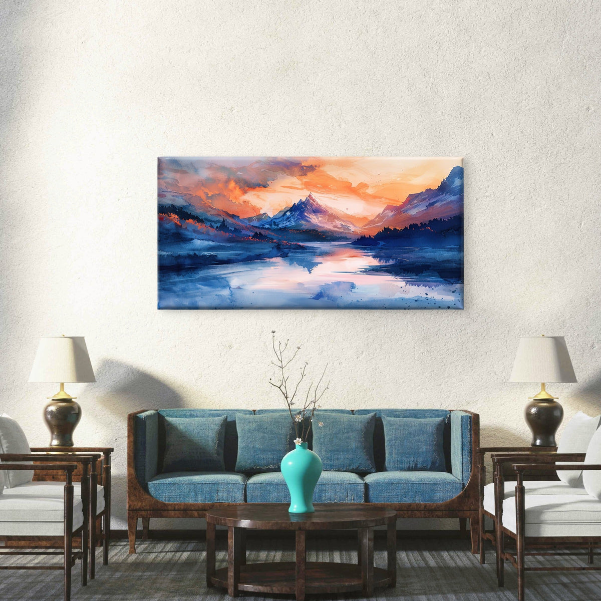 Abstract Blue Lake Sky Alps Wall Art Canvas Office Home Room Framed 120x60cm