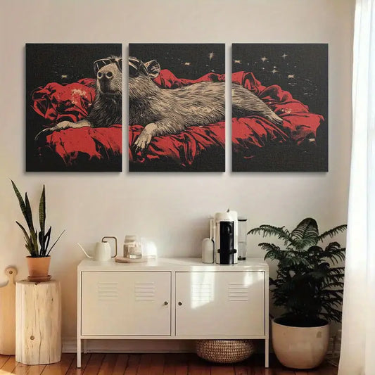 3pcs Capybara Fashionable Glasses, Red Blanket Design Metal Print Ready to Hang Art