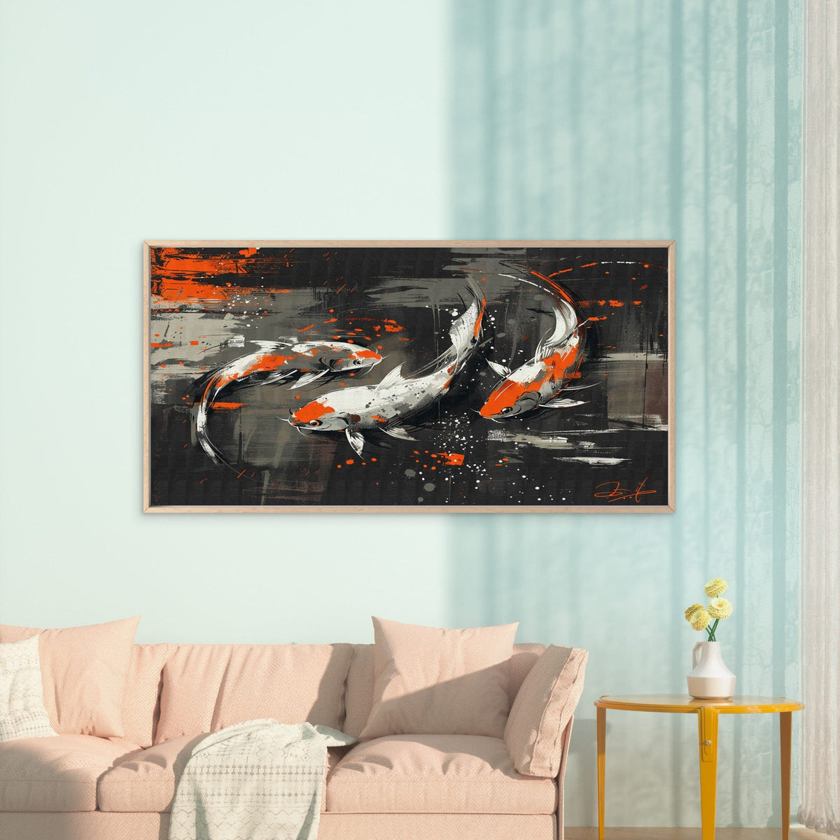 Three Koi Swim On Wall Art Canvas Office Home Room Framed 120x60cm
