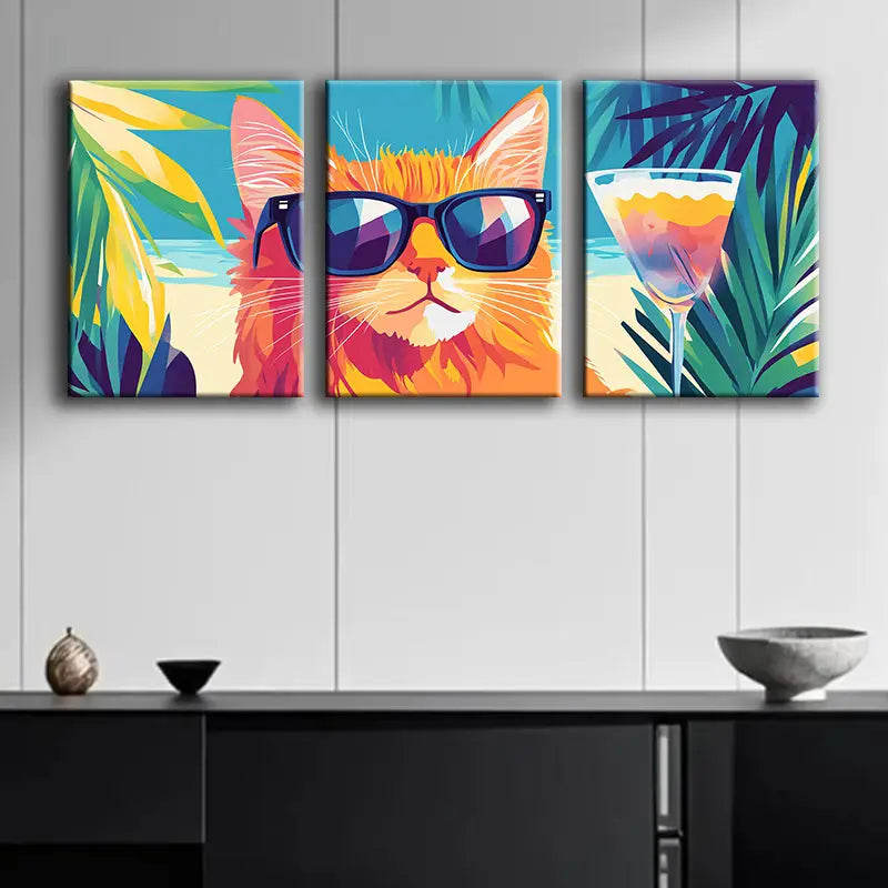 3pcs Tropical Cat with Glasses Metal Print Ready to Hang Art