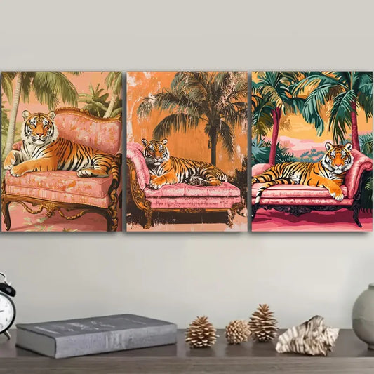 3pcs Featuring a Tiger Resting on a Sofa Metal Print Ready to Hang Art