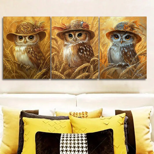 3pcs Featuring a yellow owl Metal Print Ready to Hang Art