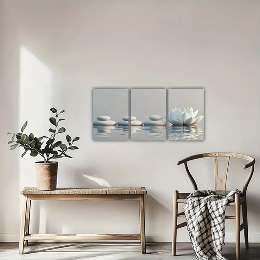 3pcs White for Lotus & Smooth Stones Zen Garden Metal Print Ready to Hang Art