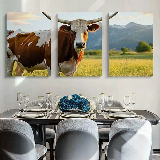 3pcs Classic Glam Cow in Field Painting Metal Print Ready to Hang Art