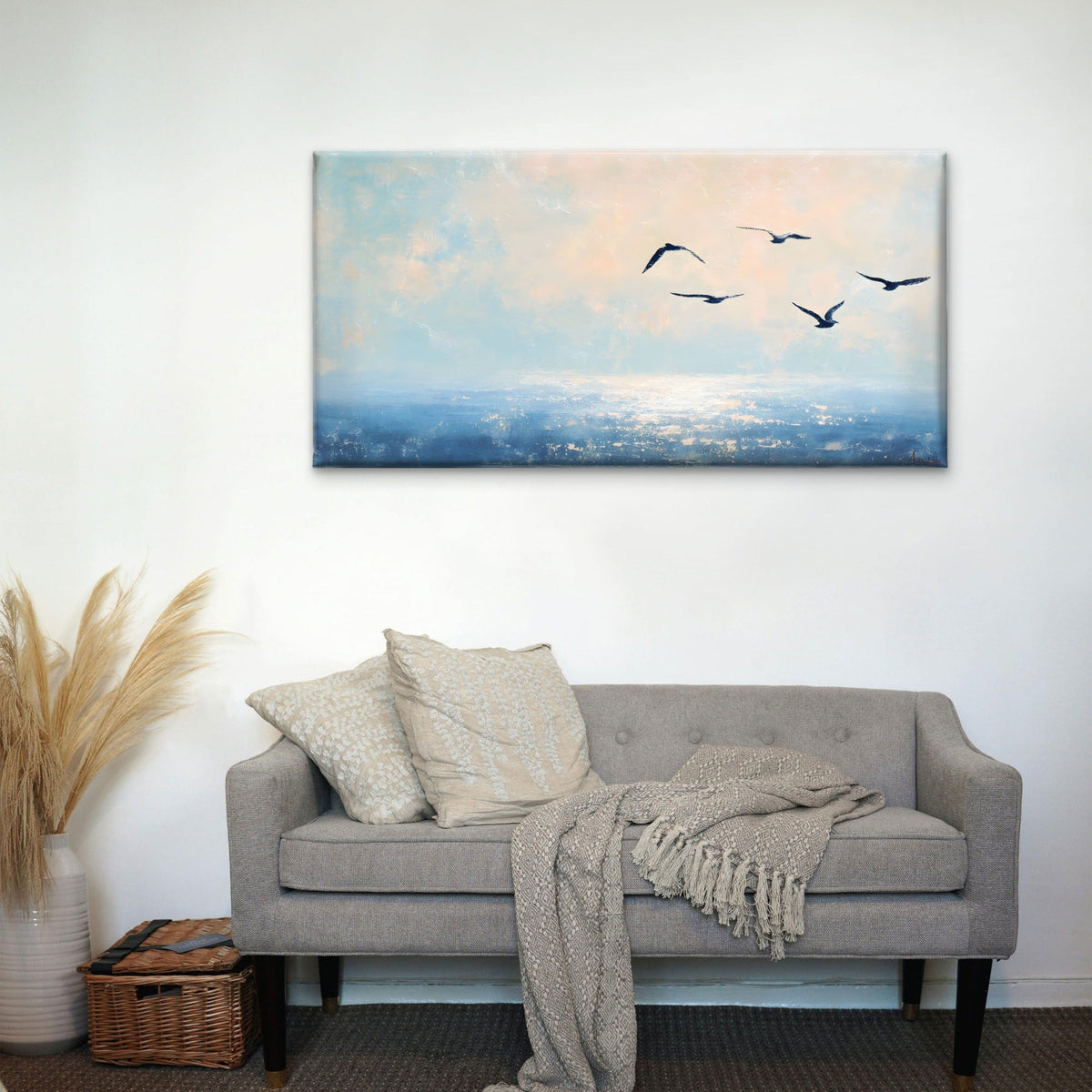 Ocean Seagulls Blue Sky Wall Art Canvas Office Home Room Framed 80x45cm