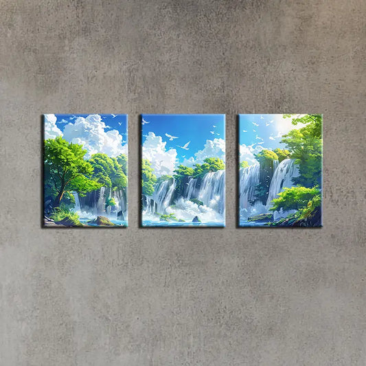 3pcs Elegant Pigeons and Waterfalls Painting Metal Print Ready to Hang Art