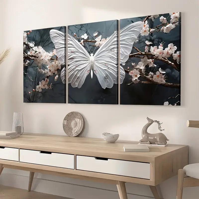 3pcs Modern Wind White Butterfly Flower Animal Wall Art Set Canvas Framed 40x60cm - High Quality Print 100% Australian Made Wall Canvas Ready to Hang