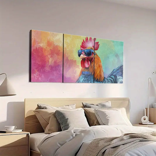 3pcs Watercolor Vibrant Rooster Multicolor Metal Print Ready to Hang Art