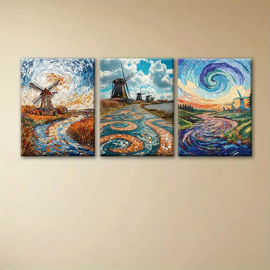 3pcs Magnificent Windmill Vibrant Swirling Patterns Metal Print Ready to Hang Art