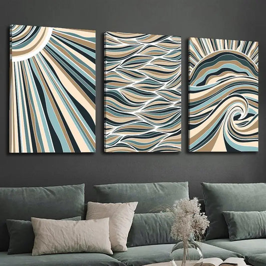 3pcs Geometric & Wavy Ribbon Design in Blue, Beige & White Metal Print Ready to Hang Art