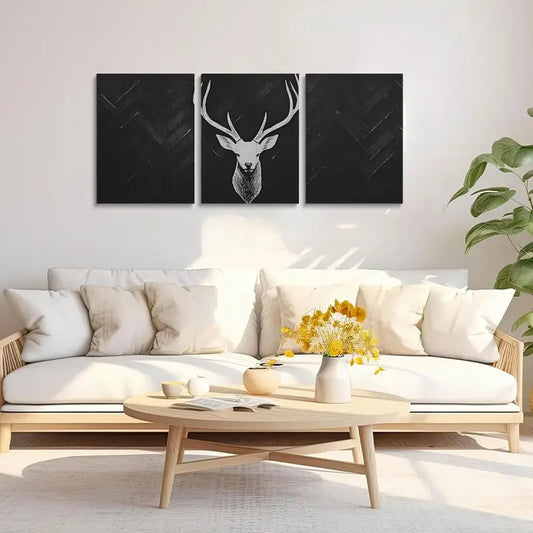3pcs White Deer Antlers Silhouette on Herringbone Pattern Metal Print Ready to Hang Art