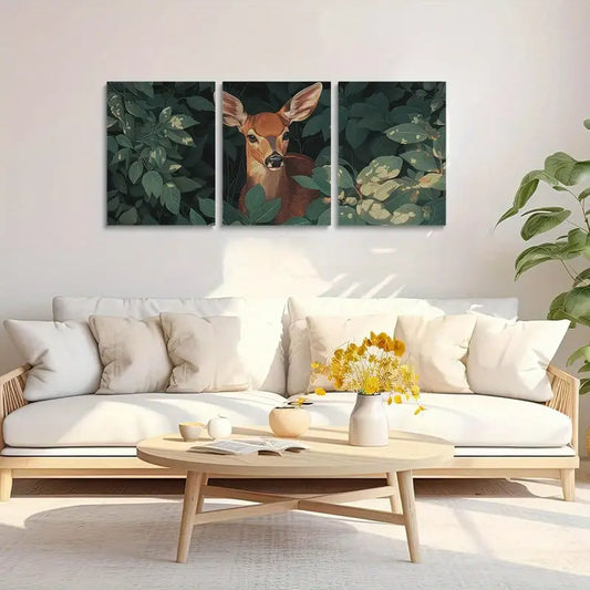 3pcs Forest Deer Green Foliage & Butterflies Design Metal Print Ready to Hang Art