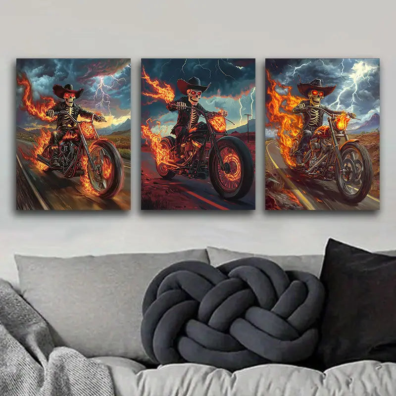 3pcs Skeleton on a motorcycle Metal Print Ready to Hang Art