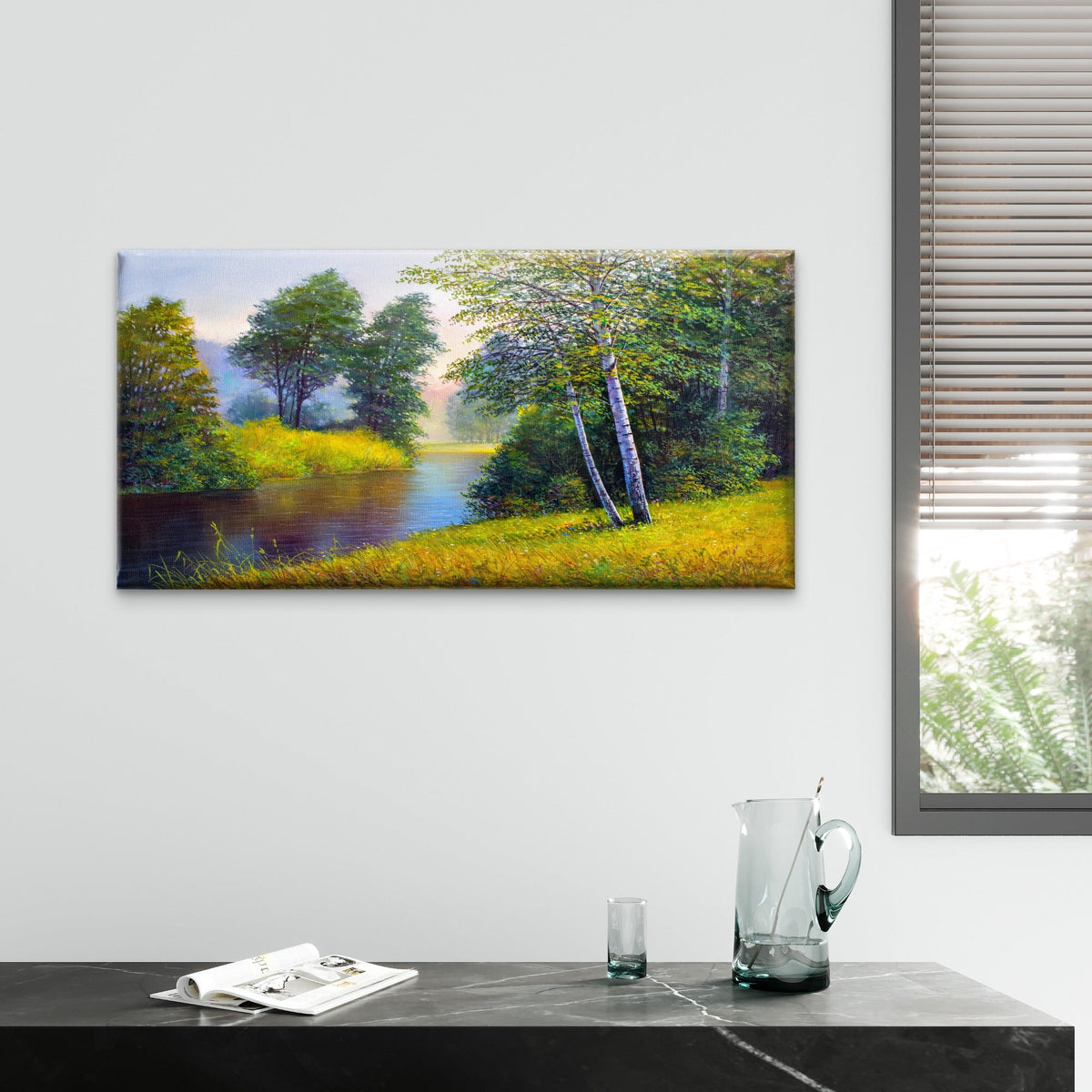 Birch Tree River Nature Oil Painting Wall Art Canvas Office Home Framed 120x60cm