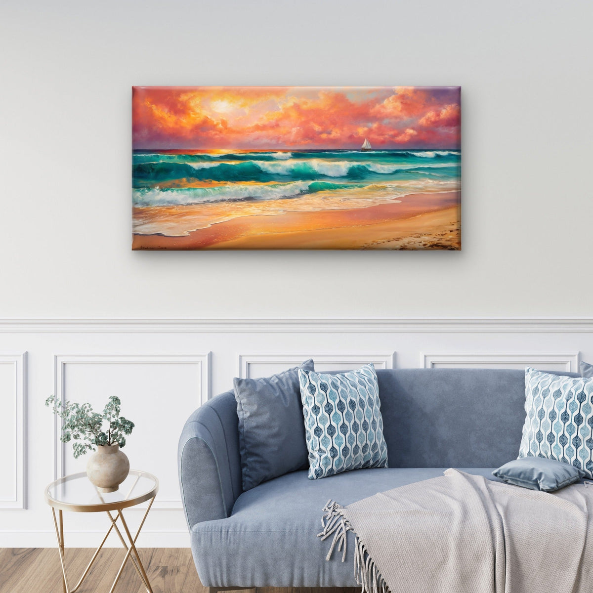Sunset Ocean Waves Seascape With Sailboat And Fiery Clouds Wall Art Canvas Office Home Room Framed 80x45cm